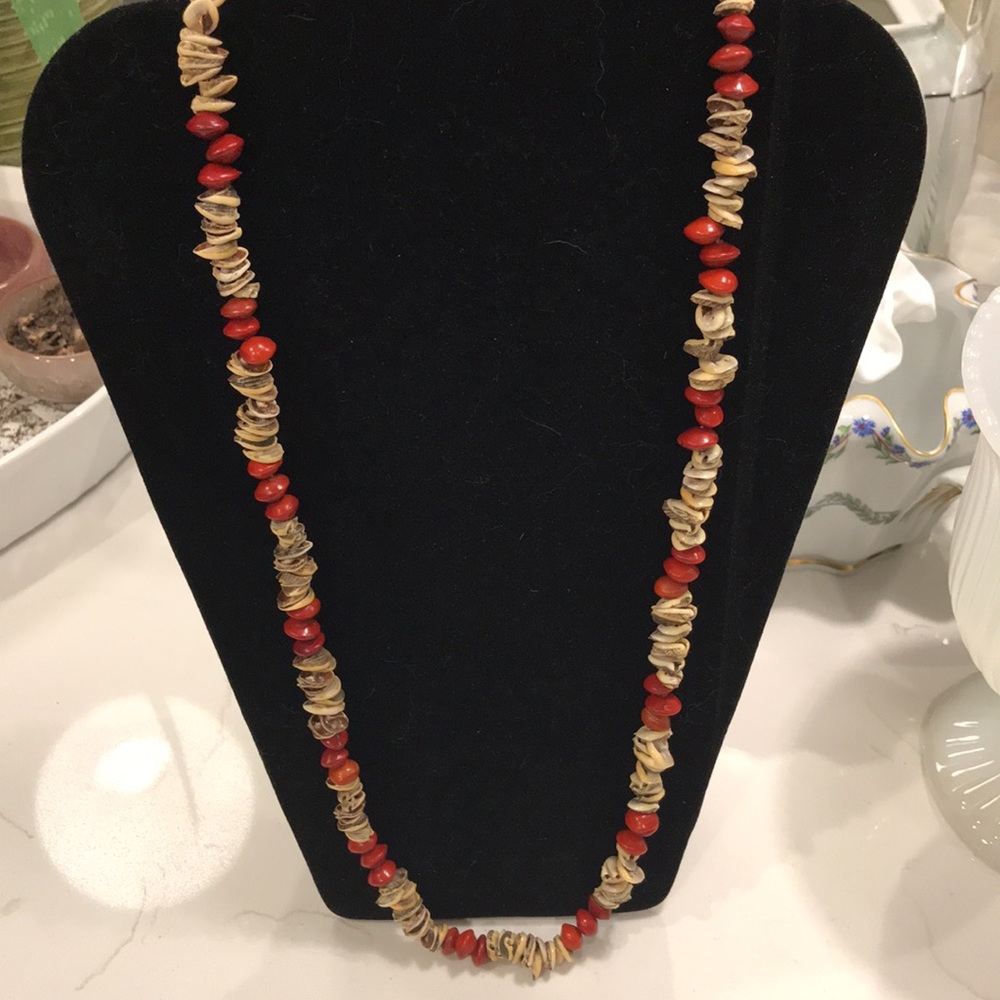 Handcrafted Red Bead/Seed and Shell Necklace